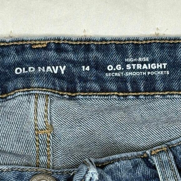 Old Navy High-Rise O.G. Straight  Button Fly Raw Edge Jeans Women's 14 Med Blue - Picture 5 of 11